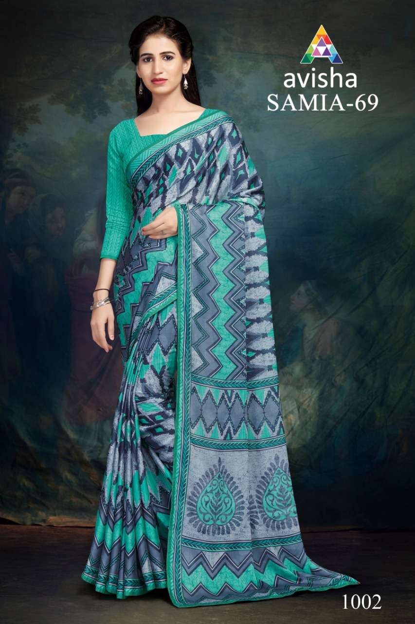 SAMIA VOL-69 BY AVISHA 1001 TO 1004 SERIES INDIAN TRADITIONAL WEAR COLLECTION BEAUTIFUL STYLISH FANCY COLORFUL PARTY WEAR & OCCASIONAL WEAR DYNA SILK PRINTED SAREES AT WHOLESALE PRICE