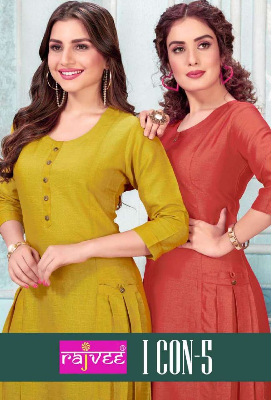 I CON VOL-5 BY RAJVEE 5201 TO 5208 SERIES BEAUTIFUL COLORFUL STYLISH FANCY CASUAL WEAR & ETHNIC WEAR & READY TO WEAR RAYON CROSS KURTIS AT WHOLESALE PRICE