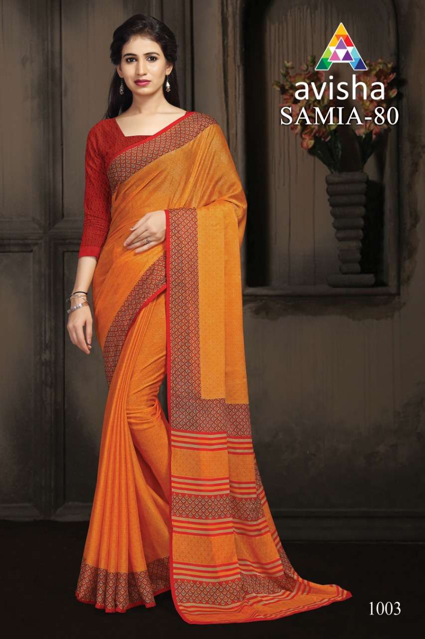 SAMIA VOL-80 BY AVISHA 1001 TO 1004 SERIES INDIAN TRADITIONAL WEAR COLLECTION BEAUTIFUL STYLISH FANCY COLORFUL PARTY WEAR & OCCASIONAL WEAR DYNA SILK SAREES AT WHOLESALE PRICE