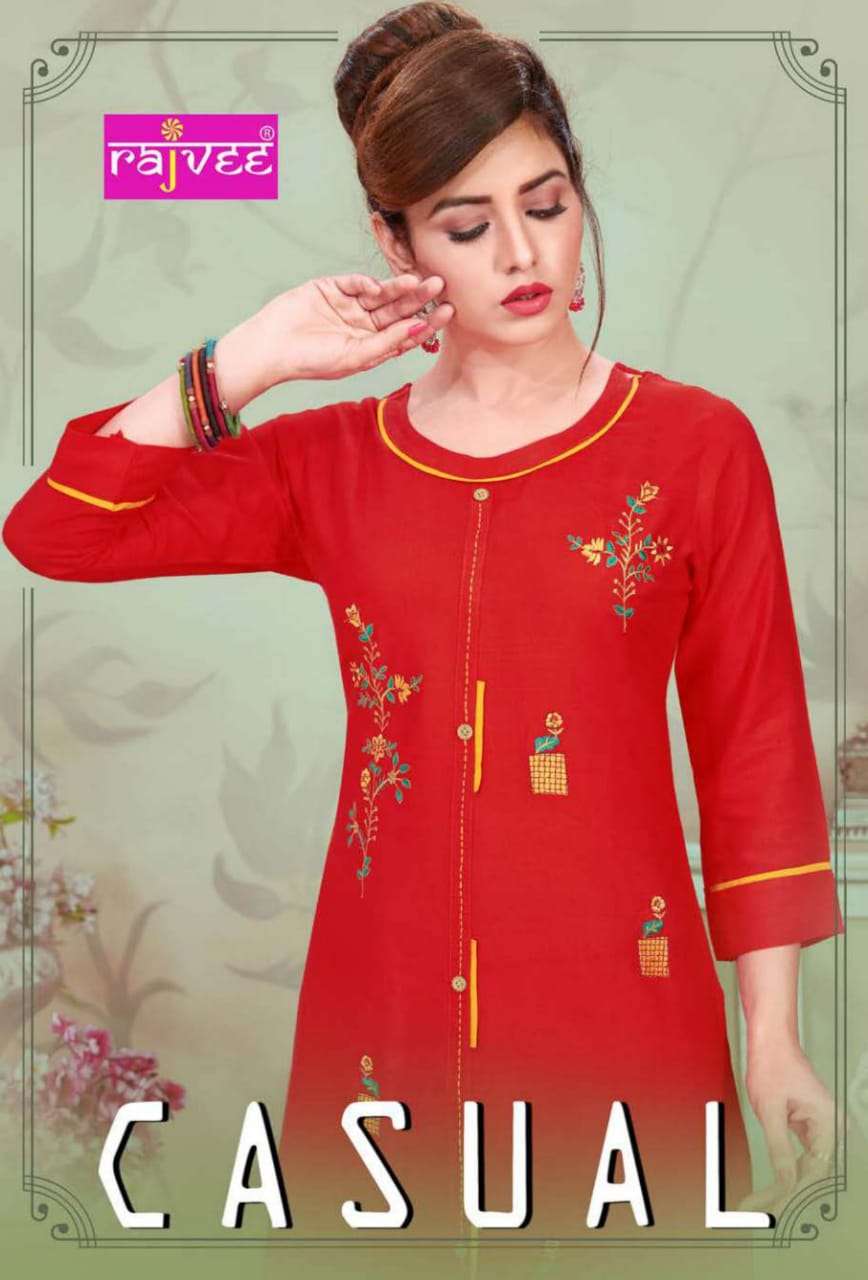 CASUAL BY RAJVEE 5101 TO 5108 SERIES BEAUTIFUL COLORFUL STYLISH FANCY CASUAL WEAR & ETHNIC WEAR & READY TO WEAR RAYON PRINTED KURTIS AT WHOLESALE PRICE