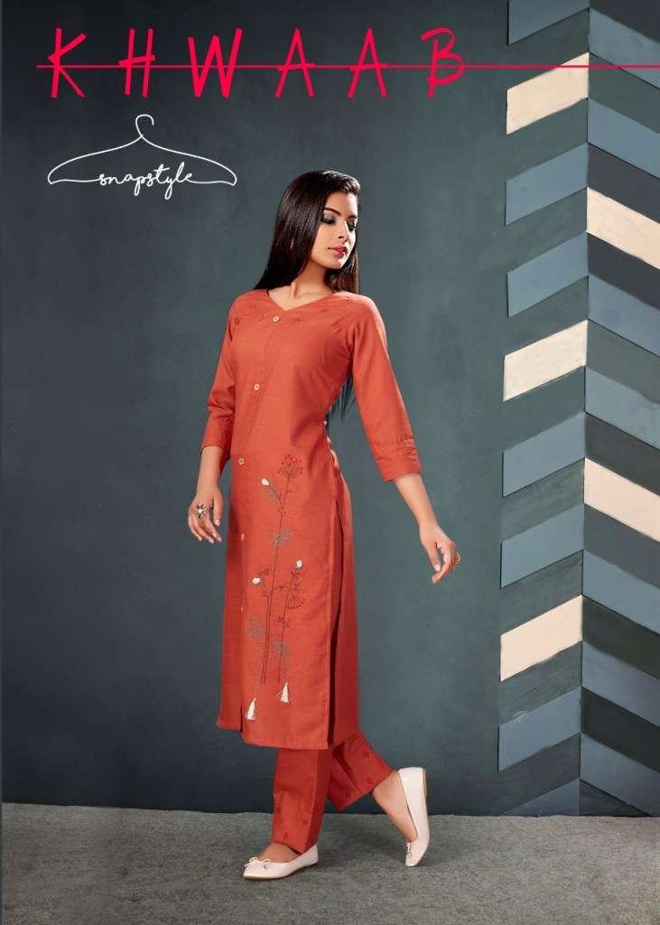 KHWAAB BY SNAPSTYLE 343 TO 348 SERIES STYLISH FANCY BEAUTIFUL COLORFUL CASUAL WEAR & ETHNIC WEAR COTTON SLUB EMBROIDERED KURTIS WITH BOTTOM AT WHOLESALE PRICE