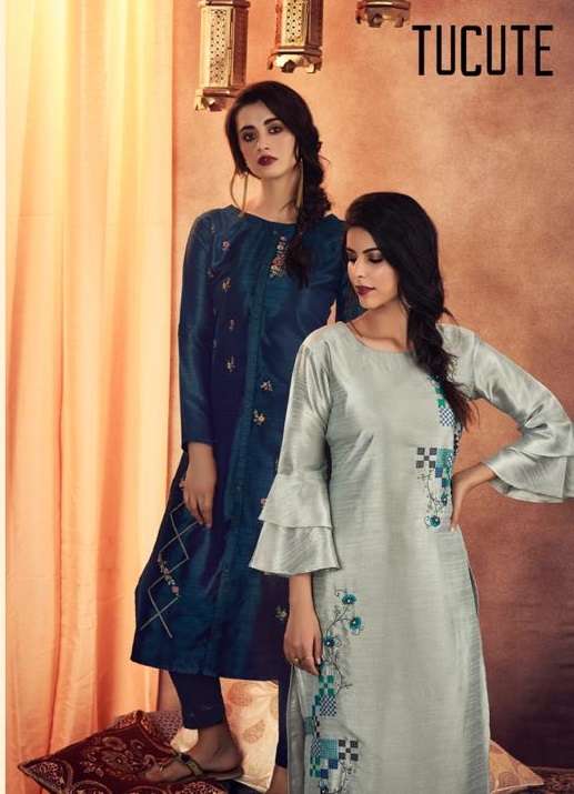 TU CUTE 828 SERIES BY KARMA TRENDZ 828 TO 835 SERIES BEAUTIFUL STYLISH FANCY COLORFUL CASUAL WEAR & ETHNIC WEAR & READY TO WEAR MUGA SILK WITH EMBROIDERY KURTIS AT WHOLESALE PRICE