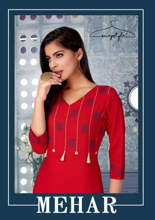 MEHAR BY SNAPSTYLE 520 TO 524 SERIES BEAUTIFUL STYLISH COLORFUL FANCY PARTY WEAR & ETHNIC WEAR & READY TO WEAR COTTON FLEX EMBROIDERED KURTIS AT WHOLESALE PRICE