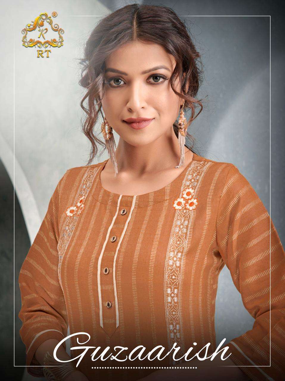 GUZAARISH BY RT 1001 TO 1005 SERIES STYLISH FANCY BEAUTIFUL COLORFUL CASUAL WEAR & ETHNIC WEAR RAYON WEAVING EMBROIDERED KURTIS WITH BOTTOM AT WHOLESALE PRICE