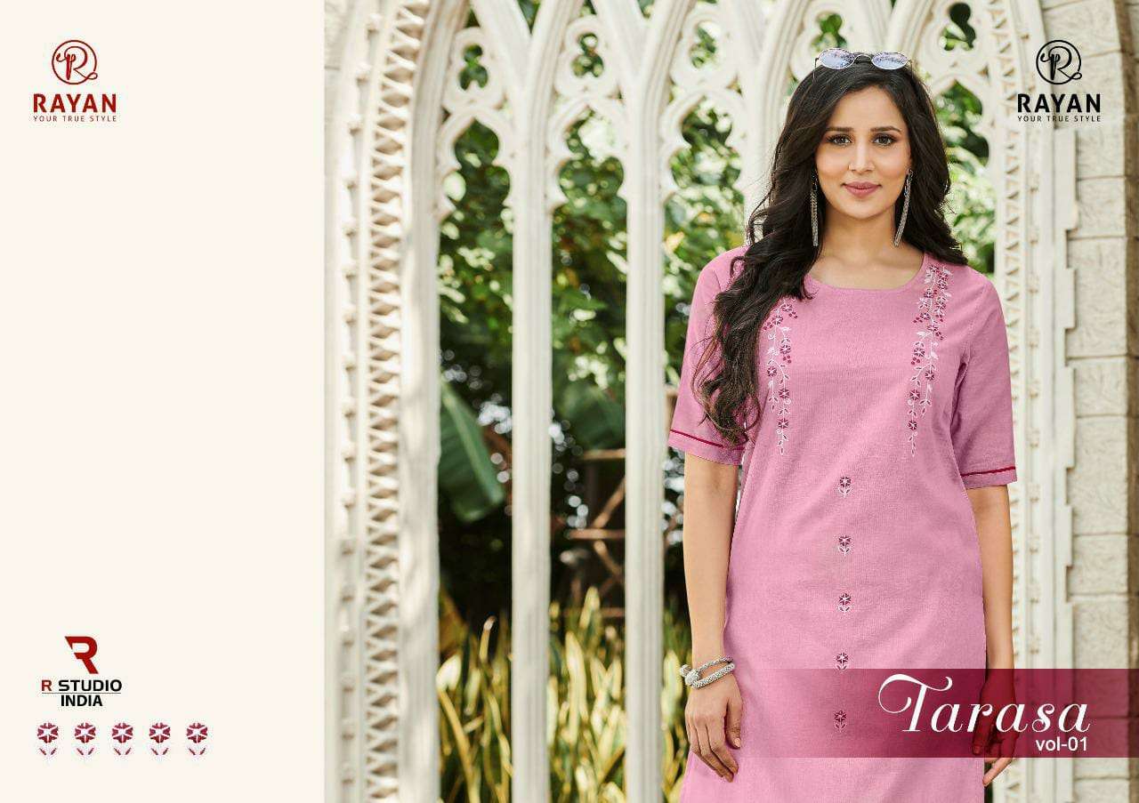 TARASA VOL-1 BY RAYAN 1001 TO 1006 SERIES DESIGNER BEAUTIFUL STYLISH FANCY COLORFUL PARTY WEAR & OCCASIONAL WEAR HEAVY COTTON PRINTED KURTIS WITH BOTTOM AT WHOLESALE PRICE