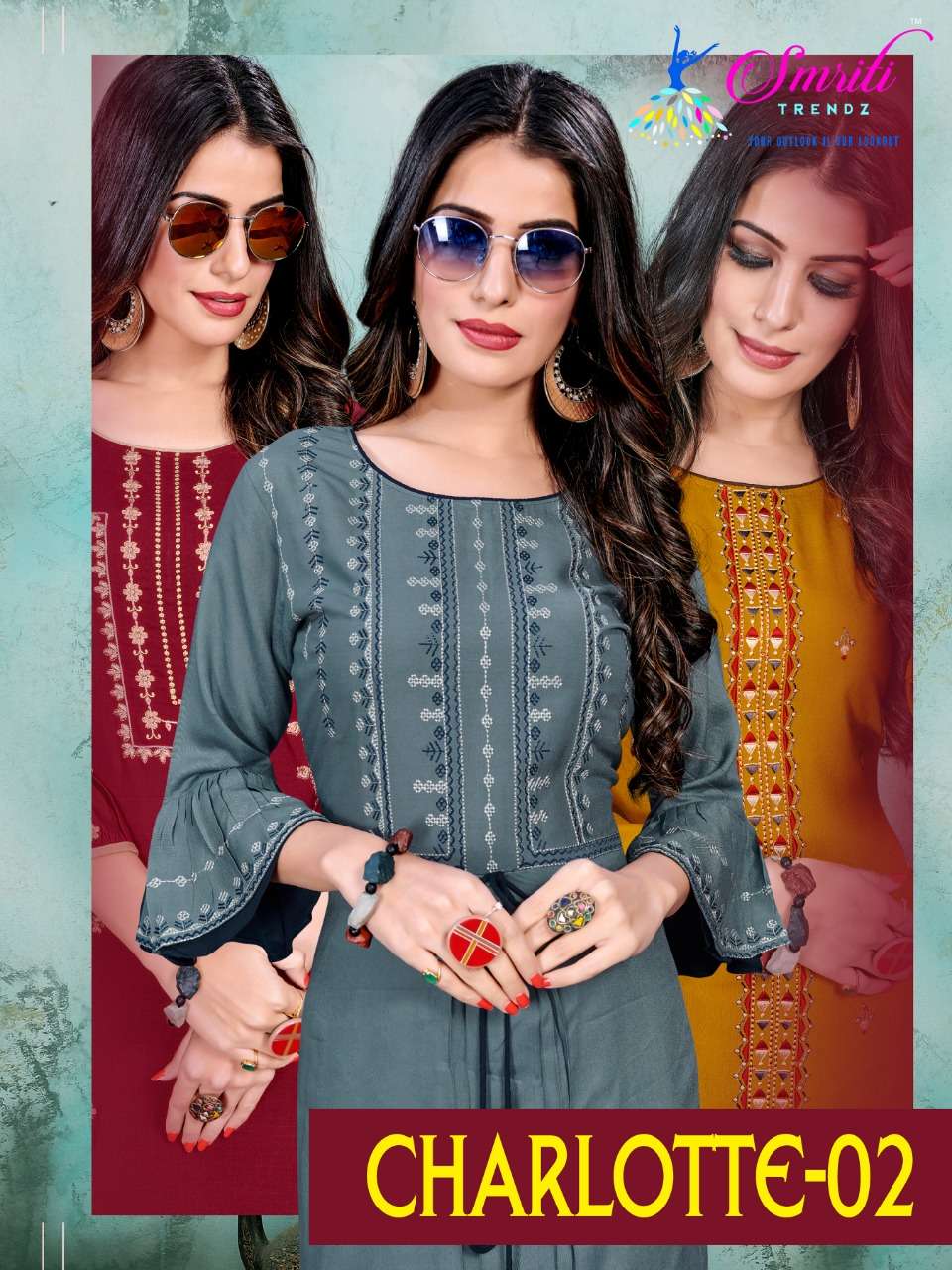 CHARLOTTE VOL-2 BY SMRITI 2101 TO 2108 SERIES DESIGNER STYLISH FANCY COLORFUL BEAUTIFUL PARTY WEAR & ETHNIC WEAR COLLECTION RAYON EMBROIDERED KURTIS WITH BOTTOM AT WHOLESALE PRICE