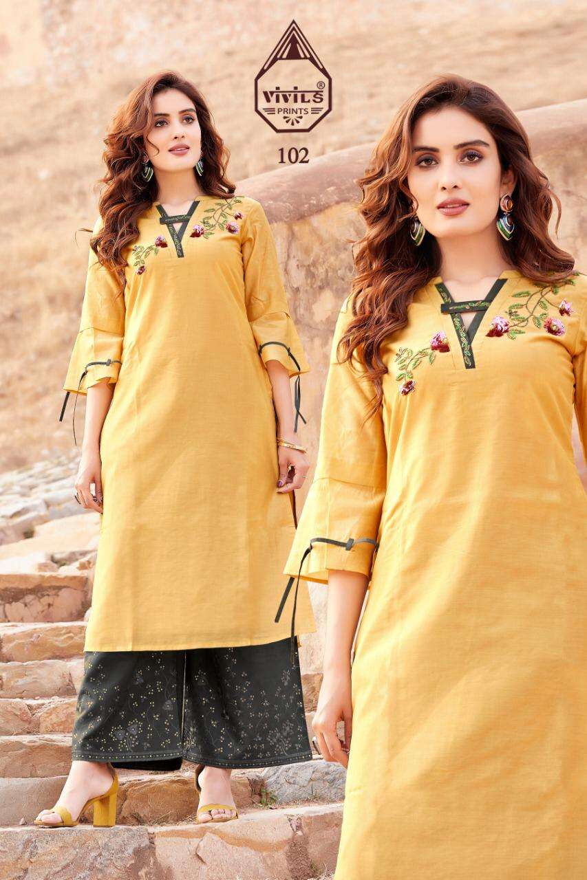 GLAMOUR VOL-5 BY VIVILS PRINTS 101 TO 107 SERIES DESIGNER STYLISH FANCY COLORFUL BEAUTIFUL PARTY WEAR & ETHNIC WEAR COLLECTION VISCOSE MUSLIN KURTIS WITH BOTTOM AT WHOLESALE PRICE