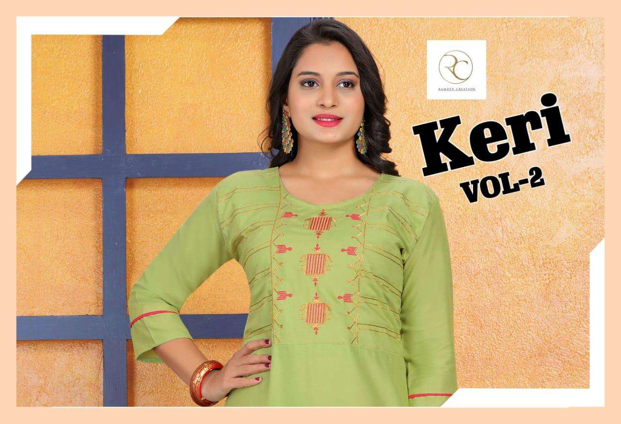 KERI VOL-2 BY RAMDEV CREATION 301 TO 308 SERIES BEAUTIFUL SUITS STYLISH FANCY COLORFUL CASUAL WEAR & ETHNIC WEAR HEAVY RAYON KURTIS AT WHOLESALE PRICE