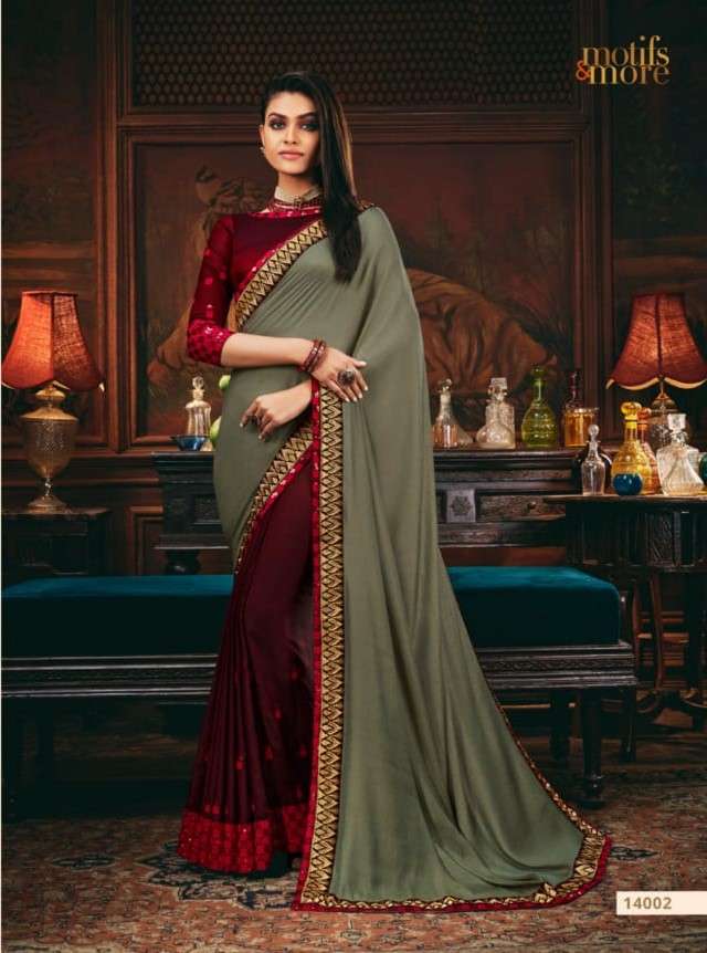 M AND M VOL-14 BY MOTIFS AND MORE INDIAN TRADITIONAL WEAR COLLECTION BEAUTIFUL STYLISH FANCY COLORFUL PARTY WEAR & OCCASIONAL WEAR SATIN GEORGETTE SAREES AT WHOLESALE PRICE