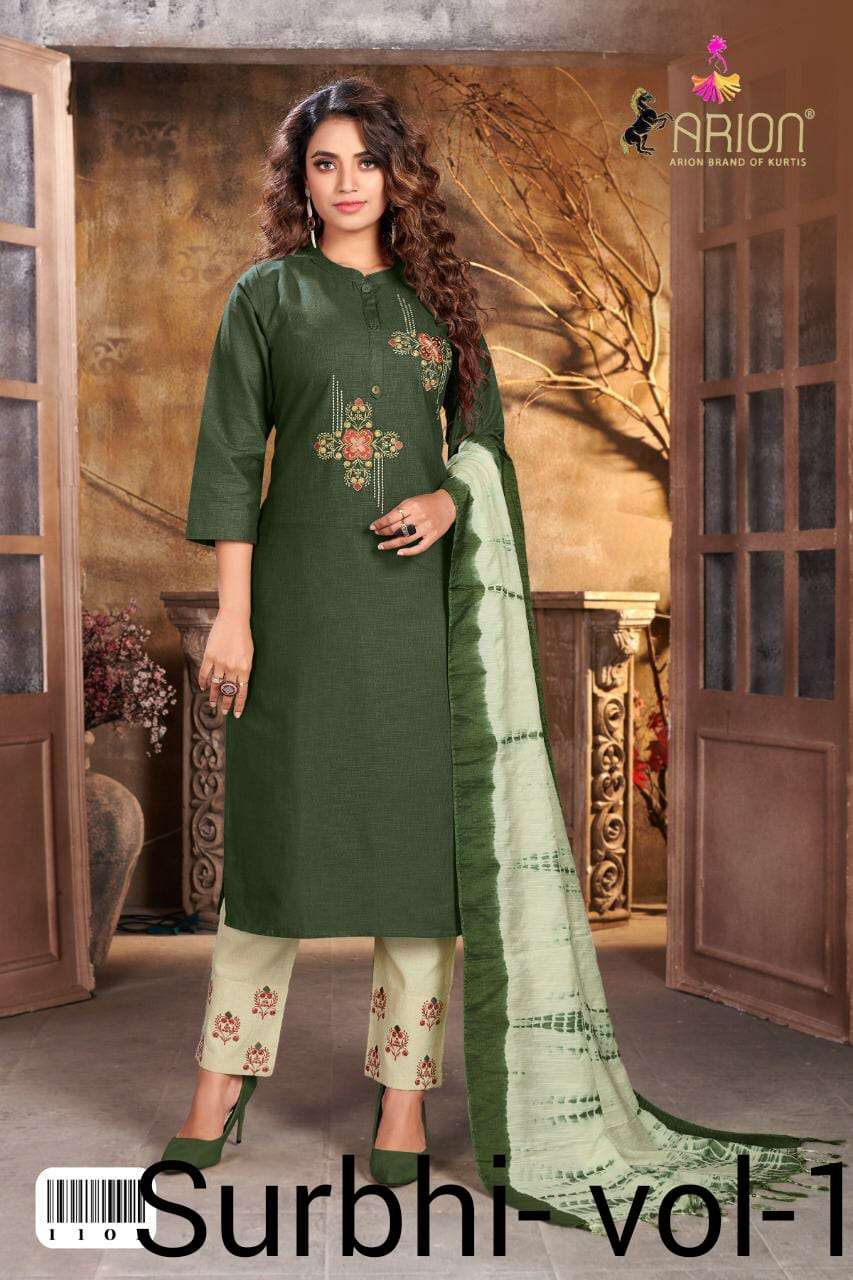 SURBHI VOL-1 BY ARION 1101 TO 1106 SERIES BEAUTIFUL STYLISH FANCY COLORFUL CASUAL WEAR & ETHNIC WEAR & READY TO WEAR LINEN COTTON DRESSES AT WHOLESALE PRICE