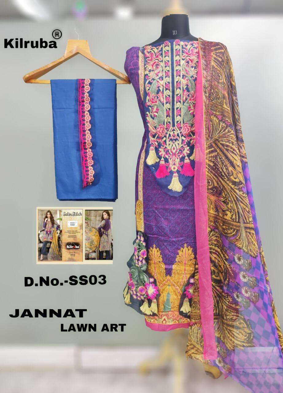 SATIN STITCH HIT DESIGN SS-03 BY KILRUBA PAKISTANI SUITS BEAUTIFUL FANCY COLORFUL STYLISH PARTY WEAR & OCCASIONAL WEAR PURE COTTON SATIN DIGITAL PRINTED DRESSES AT WHOLESALE PRICE