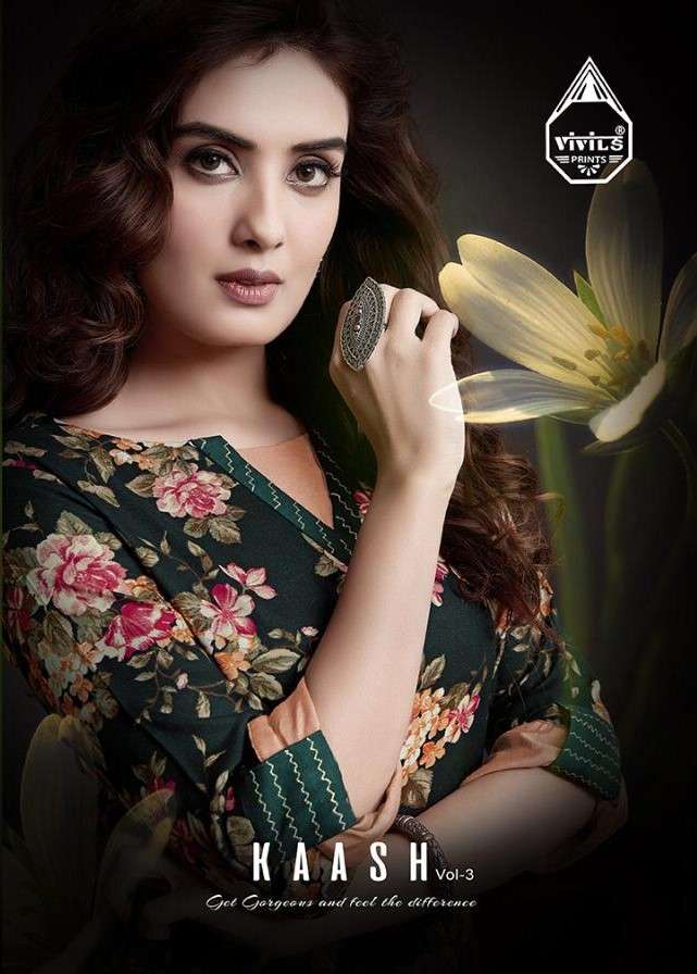 KAASH VOL-3 BY VIVILS PRINTS 101 TO 107 SERIES DESIGNER STYLISH FANCY COLORFUL BEAUTIFUL PARTY WEAR & ETHNIC WEAR COLLECTION RAYON EMBROIDERY KURTIS AT WHOLESALE PRICE