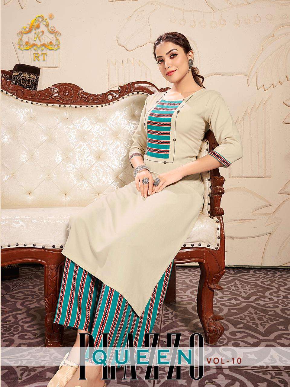 PLAZZO QUEEN VOL-10 BY RT 4055 TO 4060 SERIES DESIGNER STYLISH FANCY COLORFUL BEAUTIFUL PARTY WEAR & ETHNIC WEAR COLLECTION RAYON EMBROIDERY KURTIS WITH BOTTOM AT WHOLESALE PRICE