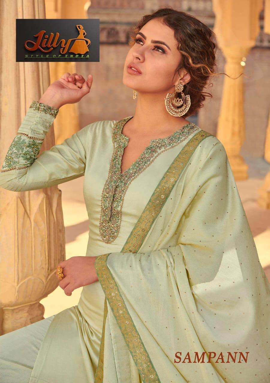 SAMPANN BY LILLY 01 TO 06 SERIES BEAUTIFUL SUITS COLORFUL STYLISH FANCY CASUAL WEAR & ETHNIC WEAR TUSSAR MUSLIN WITH STONE WORK DRESSES AT WHOLESALE PRICE
