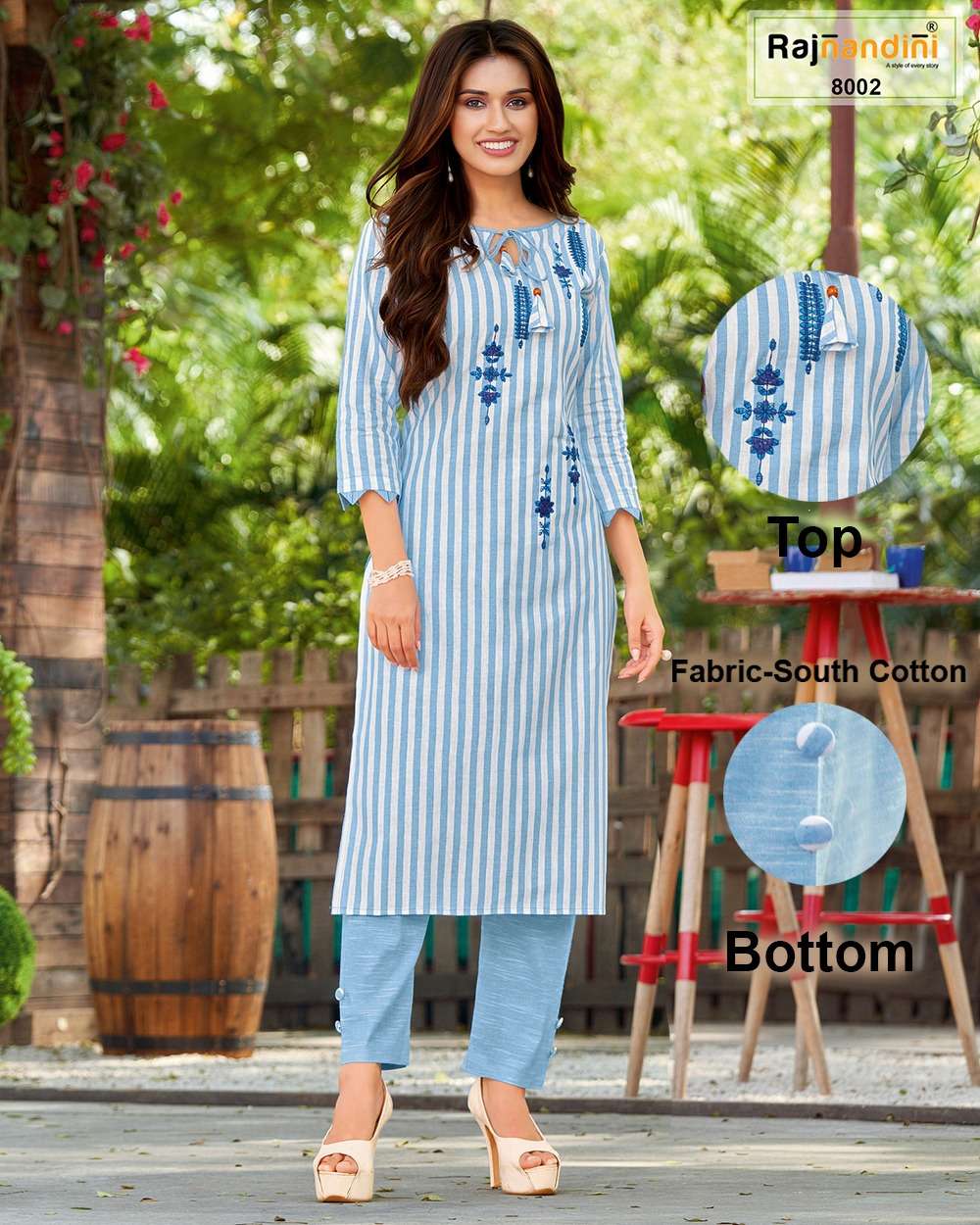 KURTA SET NX BY RAJNANDINI 8001 TO 8004 SERIES DESIGNER STYLISH FANCY COLORFUL BEAUTIFUL PARTY WEAR & ETHNIC WEAR COLLECTION COTTON STRIP EMBROIDERY KURTIS WITH BOTTOM AT WHOLESALE PRICE