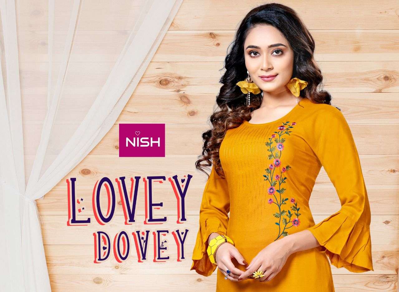 LOVEY DOVEY BY NISH 101 TO 106 SERIES DESIGNER STYLISH FANCY COLORFUL BEAUTIFUL PARTY WEAR & ETHNIC WEAR COLLECTION RAYON SLUB KURTIS WITH BOTTOM AT WHOLESALE PRICE