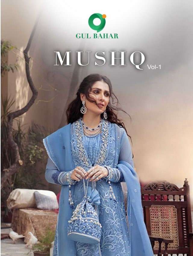 MUSHQ VOL-1 BY GUL BAHAR 41 TO 44 SERIES DESIGNER PAKISTANI SUITS BEAUTIFUL FANCY COLORFUL STYLISH PARTY WEAR & OCCASIONAL WEAR HEAVY BUTTERFLY NET EMBROIDERED DRESSES AT WHOLESALE PRICE