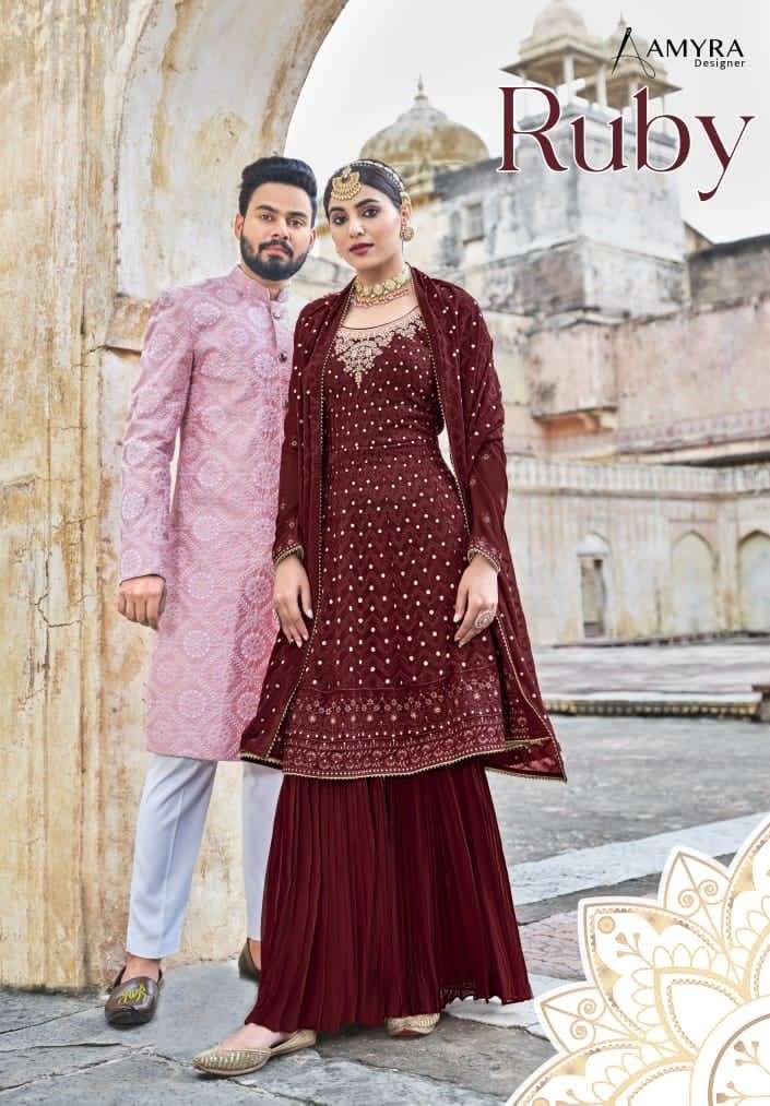 Ruby By Amyra Designer 101 To 105 Series Beautiful Stylish Sharara Suits Fancy Colorful Casual Wear & Ethnic Wear & Ready To Wear Heavy Blooming Georgette Dresses At Wholesale Price