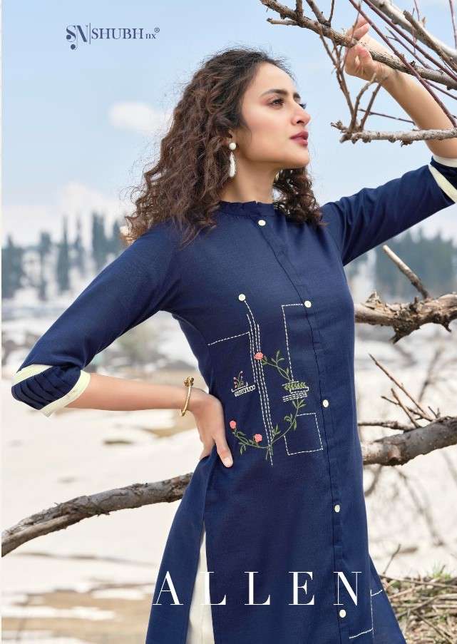 ALLEN BY SHUBH NX 1001 TO 1006 SERIES DESIGNER STYLISH FANCY COLORFUL BEAUTIFUL PARTY WEAR & ETHNIC WEAR COLLECTION COTTON SLUB KURTIS WITH BOTTOM AT WHOLESALE PRICE