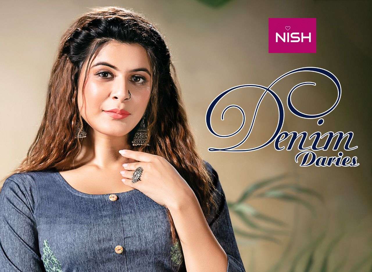 DENIM DARIES BY NISH 101 TO 106 SERIES DESIGNER STYLISH FANCY COLORFUL BEAUTIFUL PARTY WEAR & ETHNIC WEAR COLLECTION DENIM LYCRA KURTIS WITH BOTTOM AT WHOLESALE PRICE