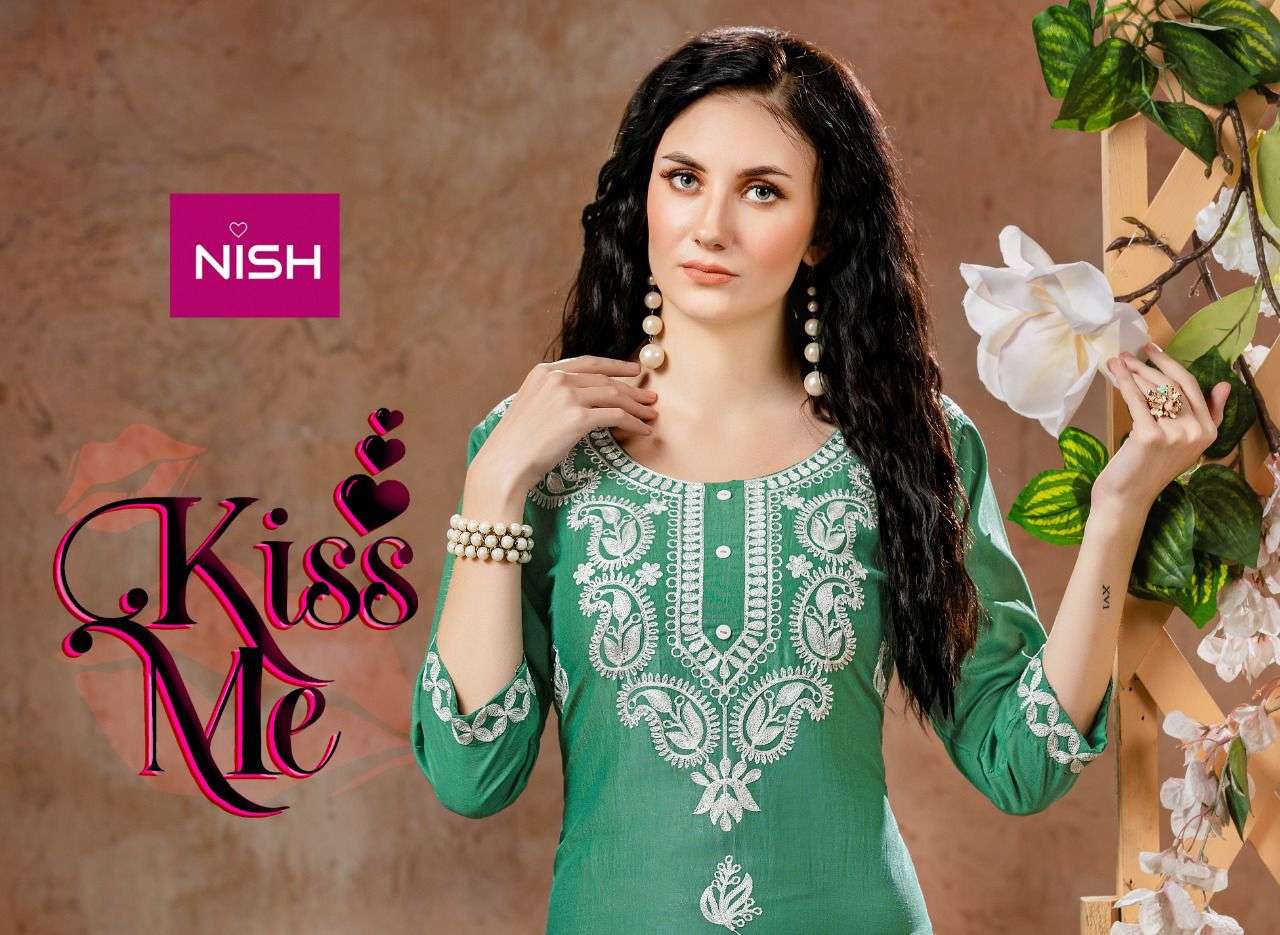 KISS ME BY NISH 101 TO 106 SERIES DESIGNER STYLISH FANCY COLORFUL BEAUTIFUL PARTY WEAR & ETHNIC WEAR COLLECTION CHINNON KURTIS WITH BOTTOM AT WHOLESALE PRICE