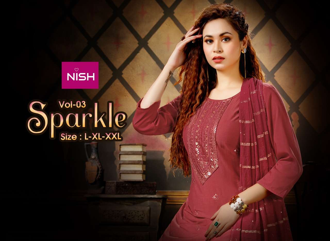 SPARKLE VOL-3 BY NISH 301 TO 306 SERIES BEAUTIFUL SUITS COLORFUL STYLISH FANCY CASUAL WEAR & ETHNIC WEAR HEAVY CHINNON DRESSES AT WHOLESALE PRICE