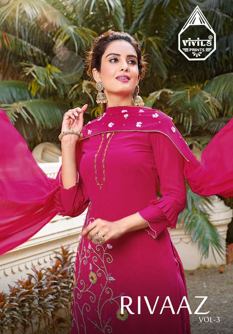 RIVAAZ VOL-3 BY VIVILS PRINT 101 TO 105 SERIES BEAUTIFUL SHARARA SUITS COLORFUL STYLISH FANCY CASUAL WEAR & ETHNIC WEAR PURE GEORGETTE DRESSES AT WHOLESALE PRICE