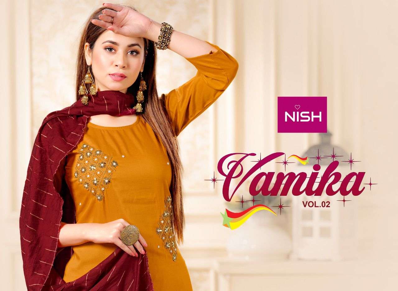 VAMIKA VOL-2 BY NISH 201 TO 206 SERIES BEAUTIFUL SUITS COLORFUL STYLISH FANCY CASUAL WEAR & ETHNIC WEAR CHINNON WITH WORK DRESSES AT WHOLESALE PRICE