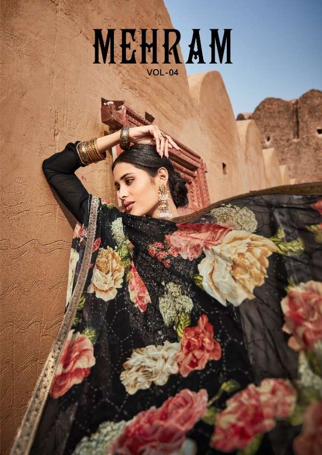 MEHRAM VOL-4 BY KARMA TRENDZ 1026 TO 1032 SERIES BEAUTIFUL SUITS COLORFUL STYLISH FANCY CASUAL WEAR & ETHNIC WEAR PURE GEORGETTE EMBROIDERED DRESSES AT WHOLESALE PRICE