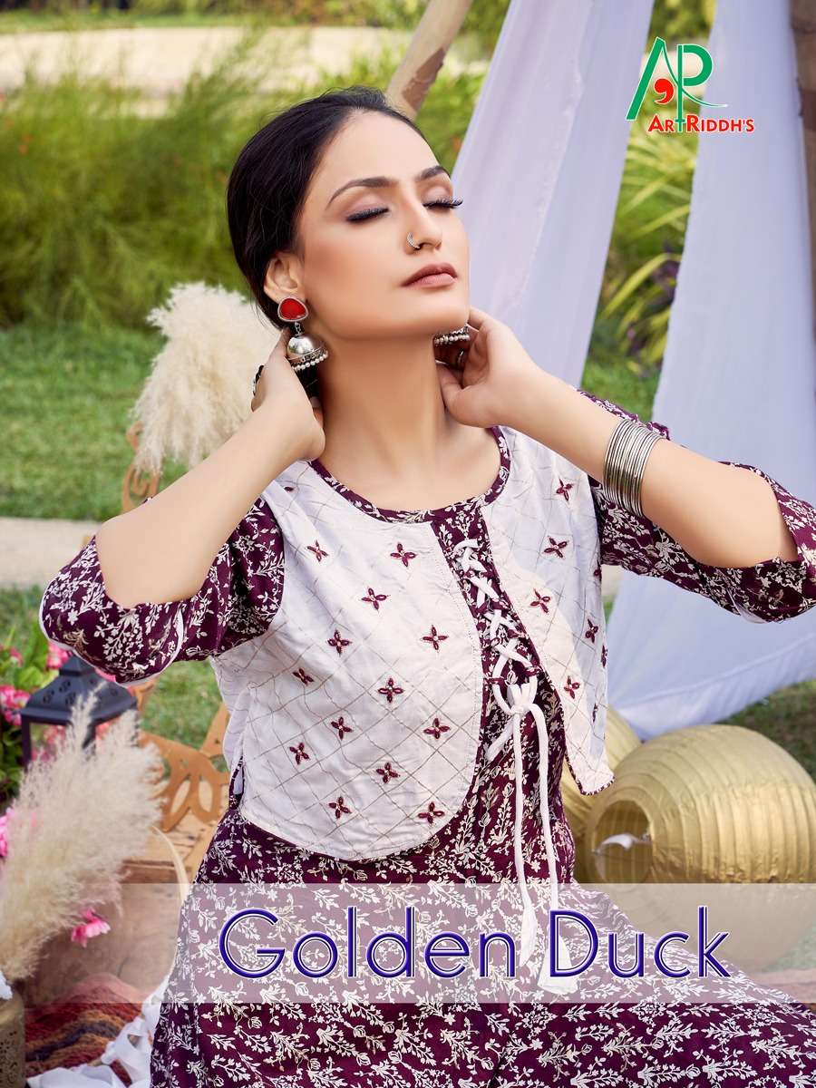 GOLDEN DUCK BY ART RIDDHS 5001 TO 5005 SERIES DESIGNER STYLISH FANCY COLORFUL BEAUTIFUL PARTY WEAR & ETHNIC WEAR COLLECTION RAYON PRINT KURTIS WITH JACKET AT WHOLESALE PRICE