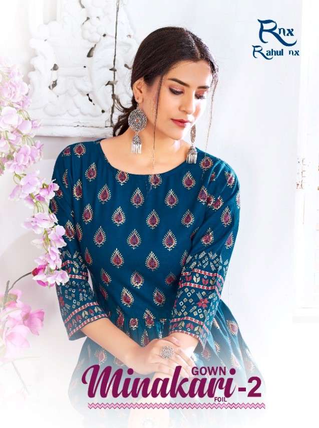 MINAKARI VOL-2 BY RAHUL NX 1001 TO 1008 SERIES BEAUTIFUL STYLISH FANCY COLORFUL CASUAL WEAR & ETHNIC WEAR PURE RAYON FOIL PRINT GOWNS WITH DUPATTA AT WHOLESALE PRICE