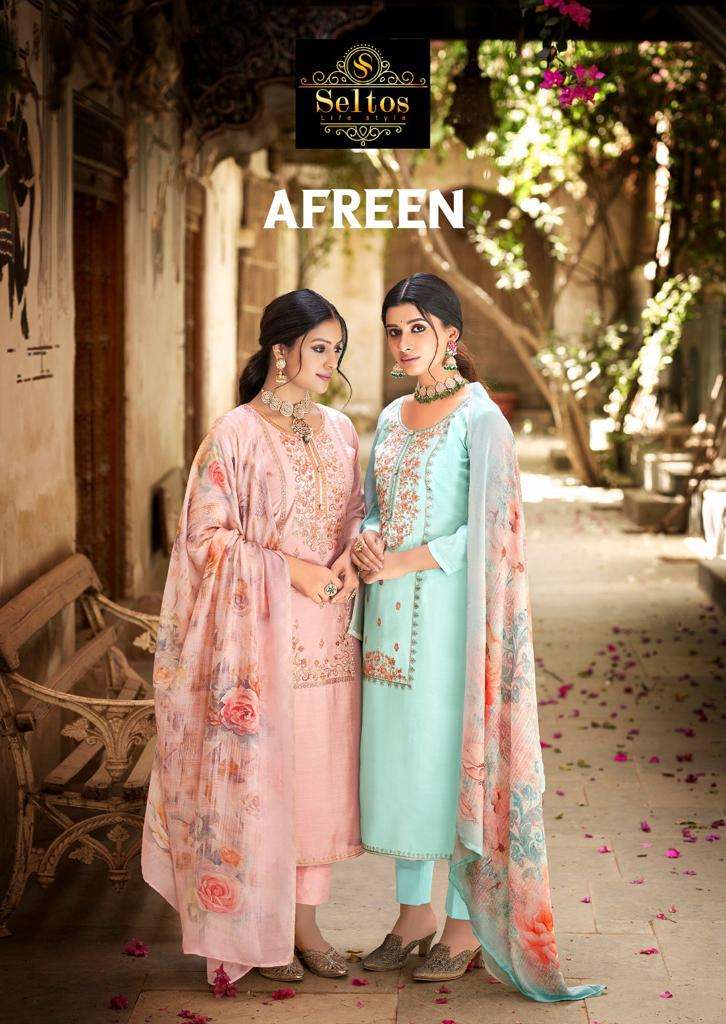 AFREEN BY SELTOS 62001 TO 62006 SERIES BEAUTIFUL SUITS COLORFUL STYLISH FANCY CASUAL WEAR & ETHNIC WEAR PURE COTTON SILK DRESSES AT WHOLESALE PRICE
