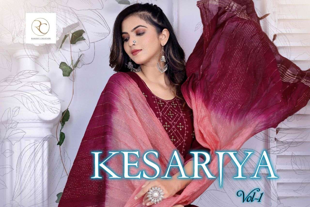 KESARIYA VOL-1 BY RAMDEV CREATION 1011 TO 1018 SERIES BEAUTIFUL SUITS COLORFUL STYLISH FANCY CASUAL WEAR & ETHNIC WEAR RAYON EMBROIDERED DRESSES AT WHOLESALE PRICE