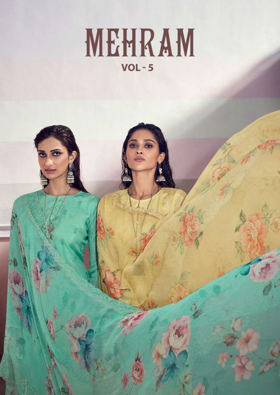 MEHRAM VOL-5 BY KARMA TRENDZ 5112 TO 5118 SERIES BEAUTIFUL SUITS COLORFUL STYLISH FANCY CASUAL WEAR & ETHNIC WEAR PURE MUSLIN EMBROIDERED DRESSES AT WHOLESALE PRICE