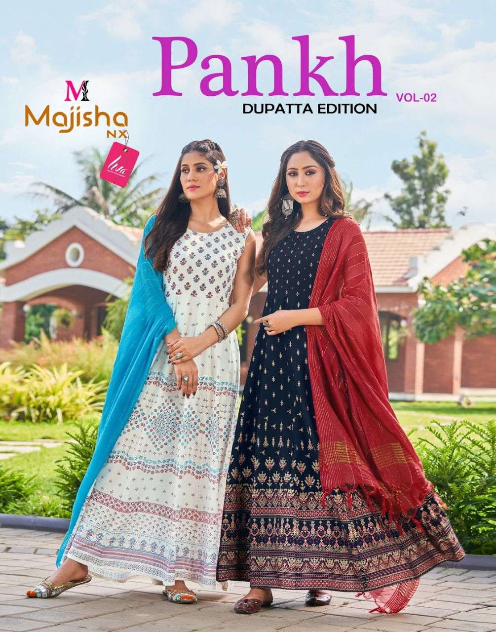 PANKH VOL-2 BY MAJISHA NX 1001 TO 1008 SERIES BEAUTIFUL STYLISH FANCY COLORFUL CASUAL WEAR & ETHNIC WEAR RAYON WITH WORK GOWNS WITH DUPATTA AT WHOLESALE PRICE