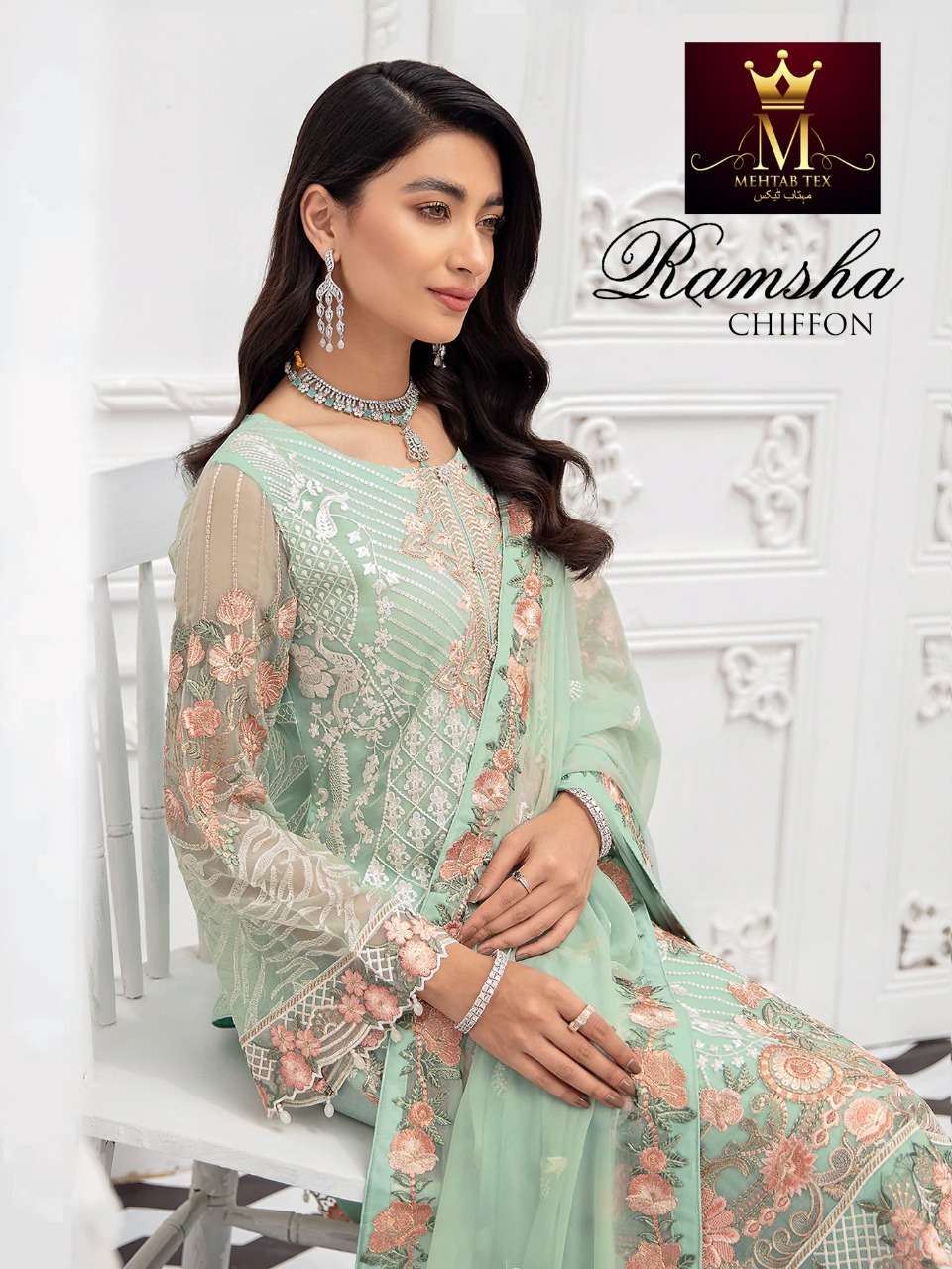 RAMSHA CHIFFON BY MEHTAB TEX 7002 TO 7004 SERIES PAKISTANI SUITS BEAUTIFUL FANCY COLORFUL STYLISH PARTY WEAR & OCCASIONAL WEAR FAUX GEORGETTE WITH EMBROIDERY DRESSES AT WHOLESALE PRICE