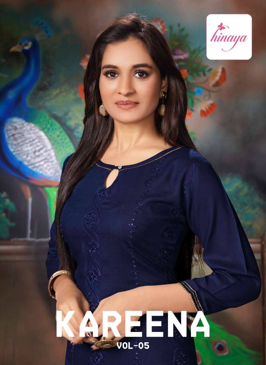KAREENA VOL-5 BY HINAYA 5001 TO 5008 SERIES DESIGNER STYLISH FANCY COLORFUL BEAUTIFUL PARTY WEAR & ETHNIC WEAR COLLECTION RAYON EMBROIDERY KURTIS AT WHOLESALE PRICE