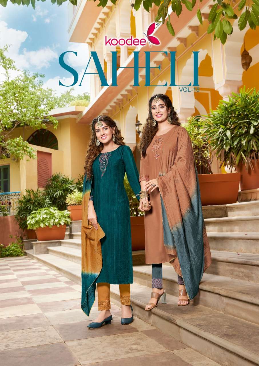 SAHELI VOL-15 BY KOODEE 1501 TO 1506 SERIES DESIGNER SUITS BEAUTIFUL STYLISH FANCY COLORFUL PARTY WEAR & ETHNIC WEAR CHINNON SLUB DRESSES AT WHOLESALE PRICE