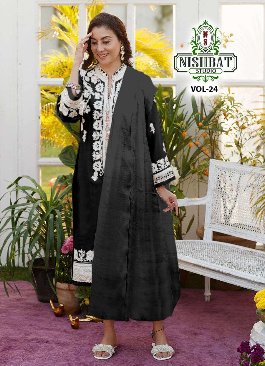 NISHBAT VOL-24 BY NISHBAT STUDIO 24-A TO 24-C SERIES DESIGNER PAKISTANI SUITS BEAUTIFUL STYLISH FANCY COLORFUL PARTY WEAR & OCCASIONAL WEAR FAUX GEORGETTE EMBROIDERED DRESSES AT WHOLESALE PRICE