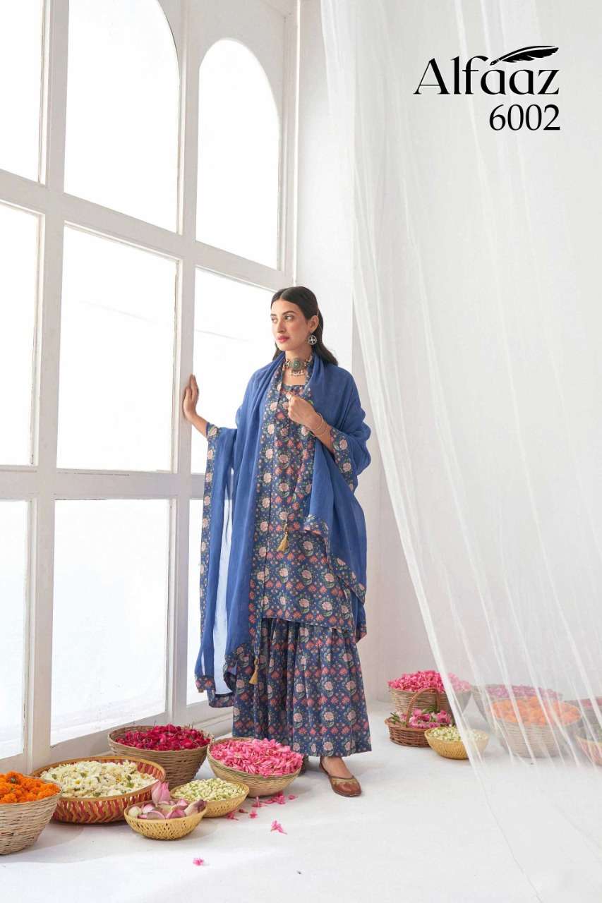 ALFAAZ VOL-6 BY FASHID WHOLESALE 6001 TO 6004 SERIES BEAUTIFUL SHARARA SUITS COLORFUL STYLISH FANCY CASUAL WEAR & ETHNIC WEAR HEAVY MUSLIN EMBROIDERED DRESSES AT WHOLESALE PRICE