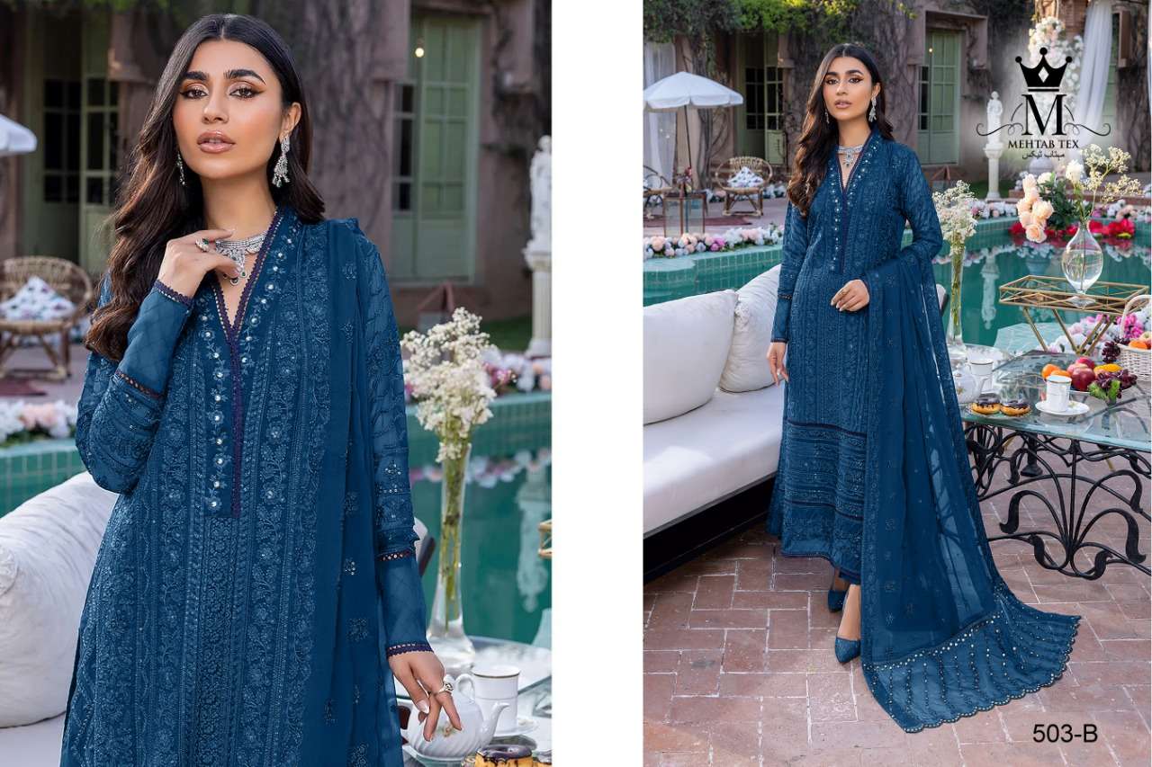 MEHTAB 503 COLOURS BY MEHTAB TEX 503-A TO 503-D SERIES BEAUTIFUL PAKISTANI SUITS COLORFUL STYLISH FANCY CASUAL WEAR & ETHNIC WEAR FAUX GEORGETTE DRESSES AT WHOLESALE PRICE