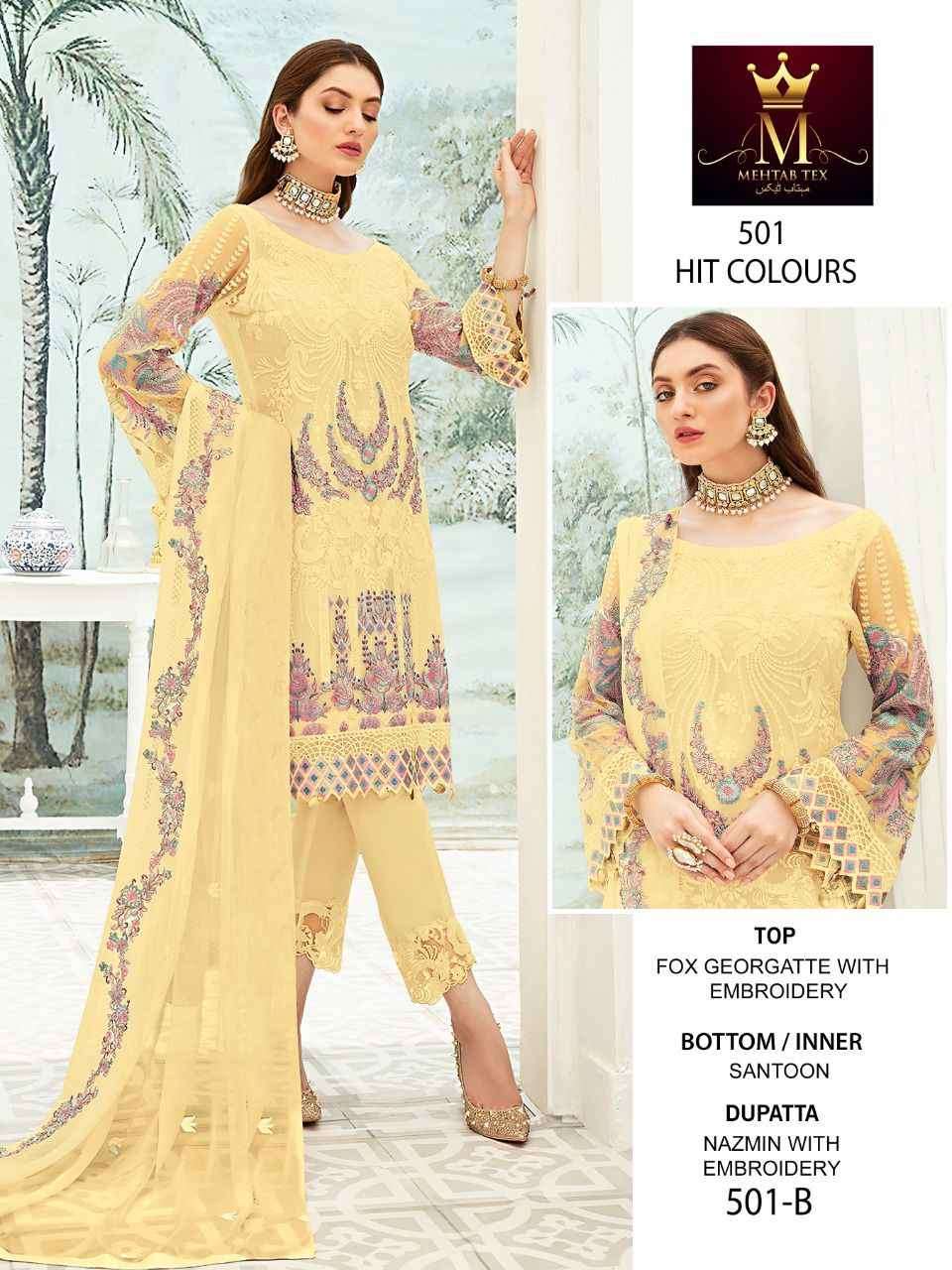 MEHTAB 501 COLOURS BY MEHTAB TEX 501-A TO 501-E SERIES BEAUTIFUL PAKISTANI SUITS COLORFUL STYLISH FANCY CASUAL WEAR & ETHNIC WEAR FAUX GEORGETTE DRESSES AT WHOLESALE PRICE