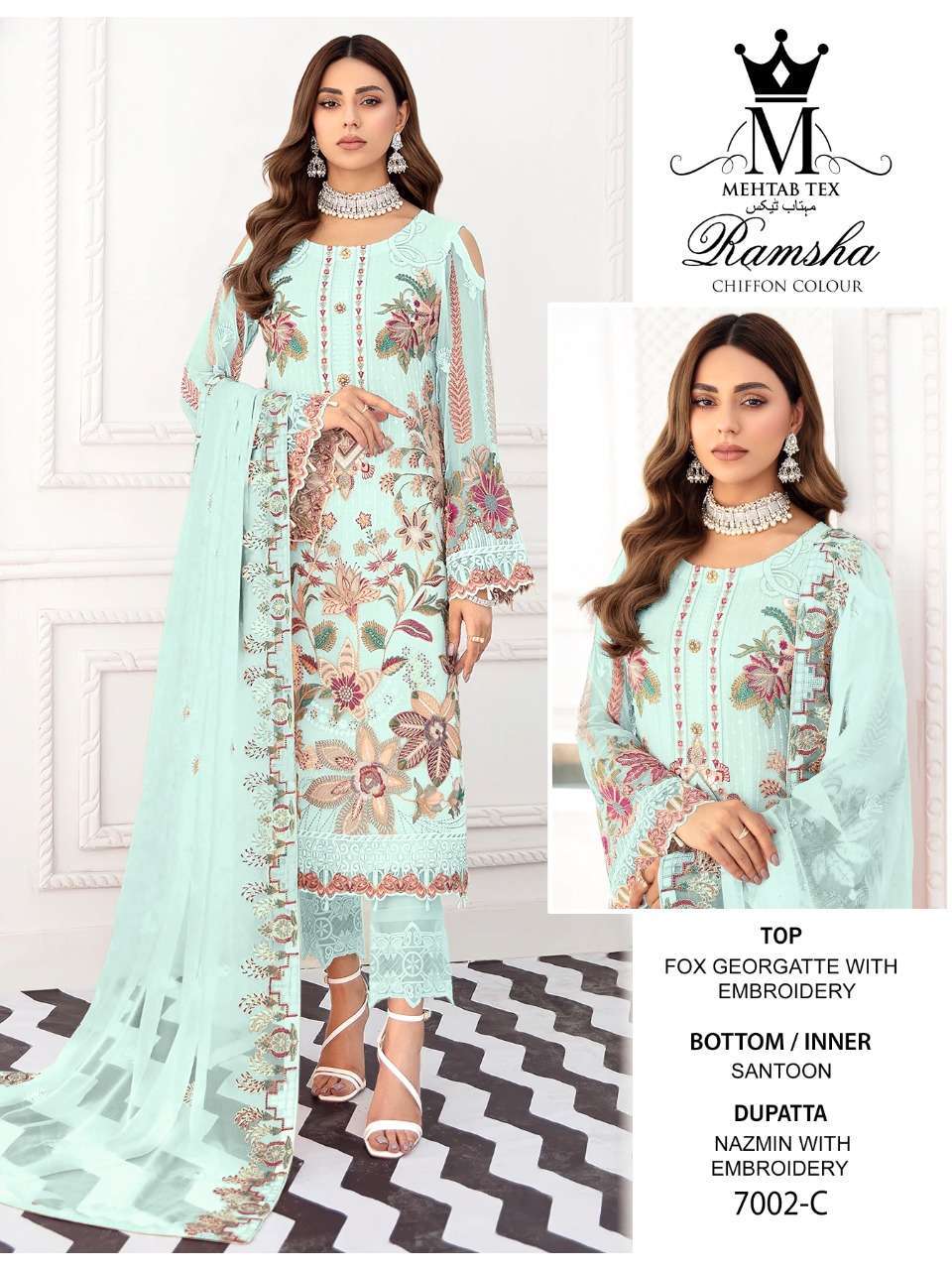 RAMSHA CHIFFON COLOUR BY MEHTAB TEX 7002-A TO 7002-D SERIES BEAUTIFUL PAKISTANI SUITS COLORFUL STYLISH FANCY CASUAL WEAR & ETHNIC WEAR FAUX GEORGETTE EMBROIDERED DRESSES AT WHOLESALE PRICE