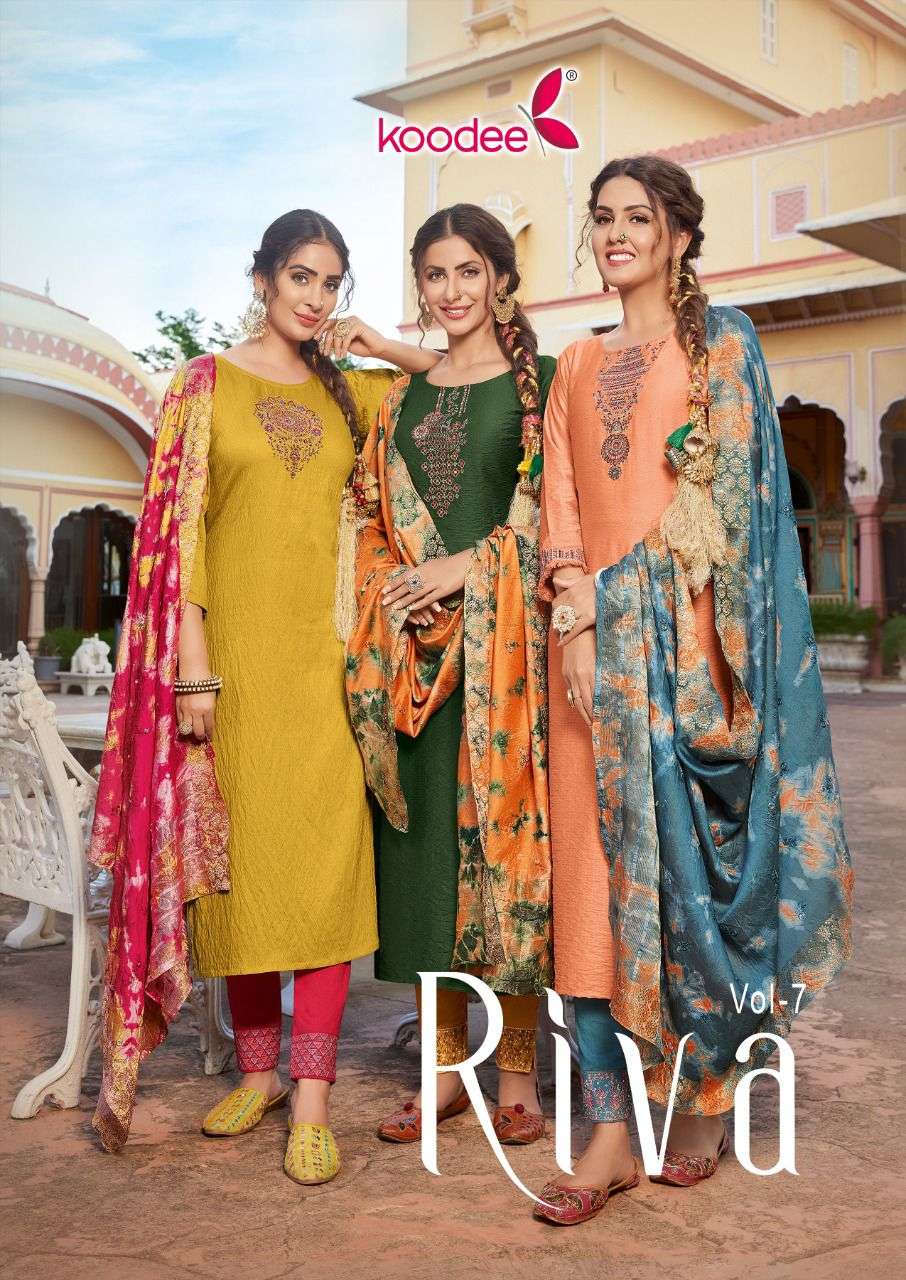 RIVA VOL-7 BY KOODEE 7001 TO 7006 SERIES BEAUTIFUL SUITS COLORFUL STYLISH FANCY CASUAL WEAR & ETHNIC WEAR NYLON VISCOSE DRESSES AT WHOLESALE PRICE