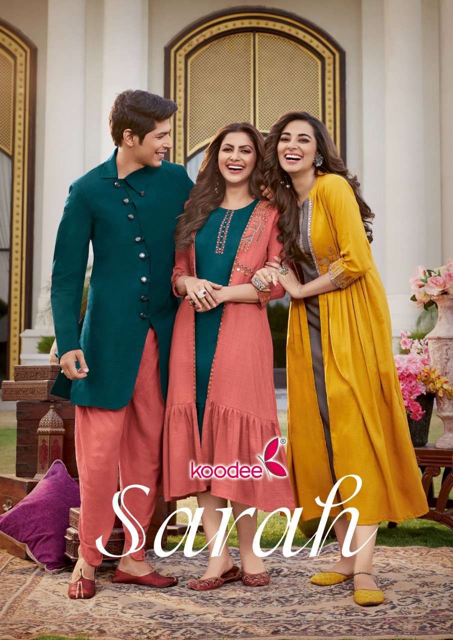 Sarah By Koodee 1001 To 1004 Series Beautiful Stylish Fancy Colorful Casual Wear & Ethnic Wear & Ready To Wear Chinnon Kurtis With Shrug At Wholesale Price