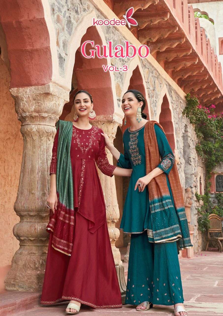 Gulabo Vol-3 By Koodee 1001 To 1006 Series Beautiful Sharara Suits Colorful Stylish Fancy Casual Wear & Ethnic Wear Viscose Strip Dresses At Wholesale Price