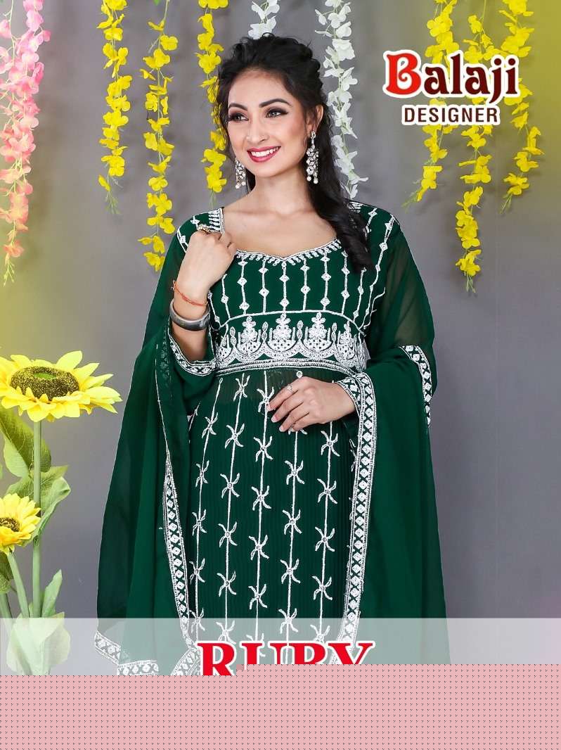 Ruby By Balaji Designer 1001 To 1004 Series Beautiful Sharara Suits Colorful Stylish Fancy Casual Wear & Ethnic Wear Georgette Embroidered Dresses At Wholesale Price