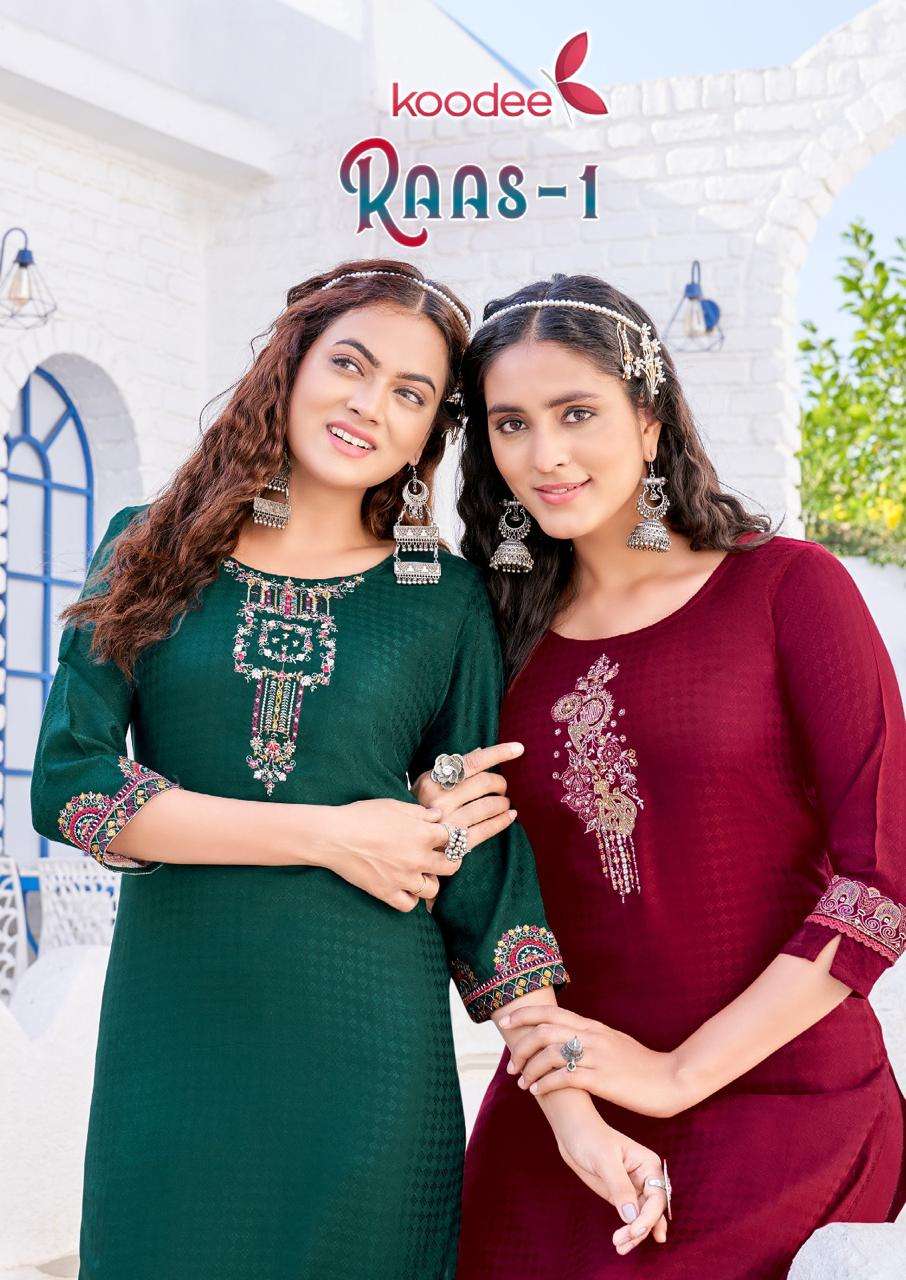 Raas Vol-1 By Koodee 7001 To 7006 Series Beautiful Stylish Fancy Colorful Casual Wear & Ethnic Wear Rayon Embroidered Kurtis At Wholesale Price