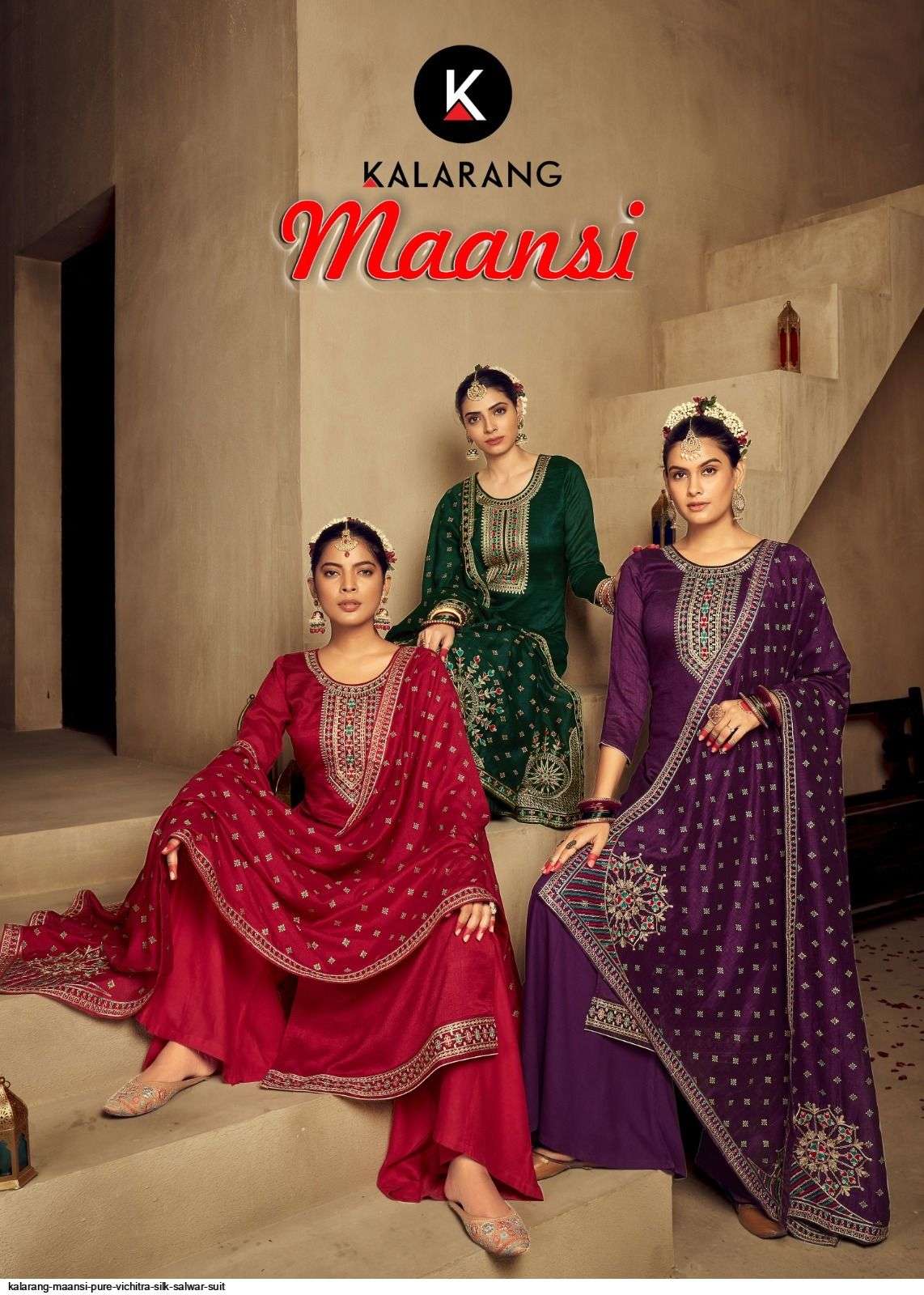 Maansi By Kalarang 10381 To 10386 Series Beautiful Stylish Suits Fancy Colorful Casual Wear & Ethnic Wear & Ready To Wear Pure Vichitra Silk Dresses At Wholesale Price