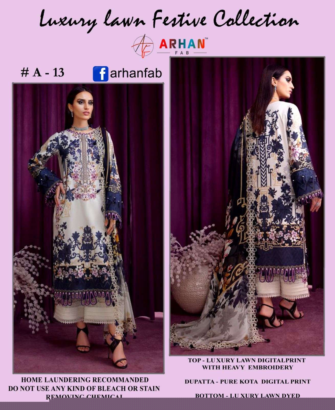 Luxury Lawn Festive Collection Vol-3 By Arhan Fab 12 To 15 Series Pakistani Suits Beautiful Fancy Colorful Stylish Party Wear & Occasional Wear Luxury Lawn Print With Embroidery Dresses At Wholesale Price
